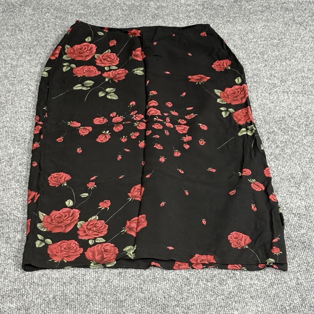 Vintage Petite Sophisticate Skirt Womens 6 Black Red Rose Floral Midi Italy